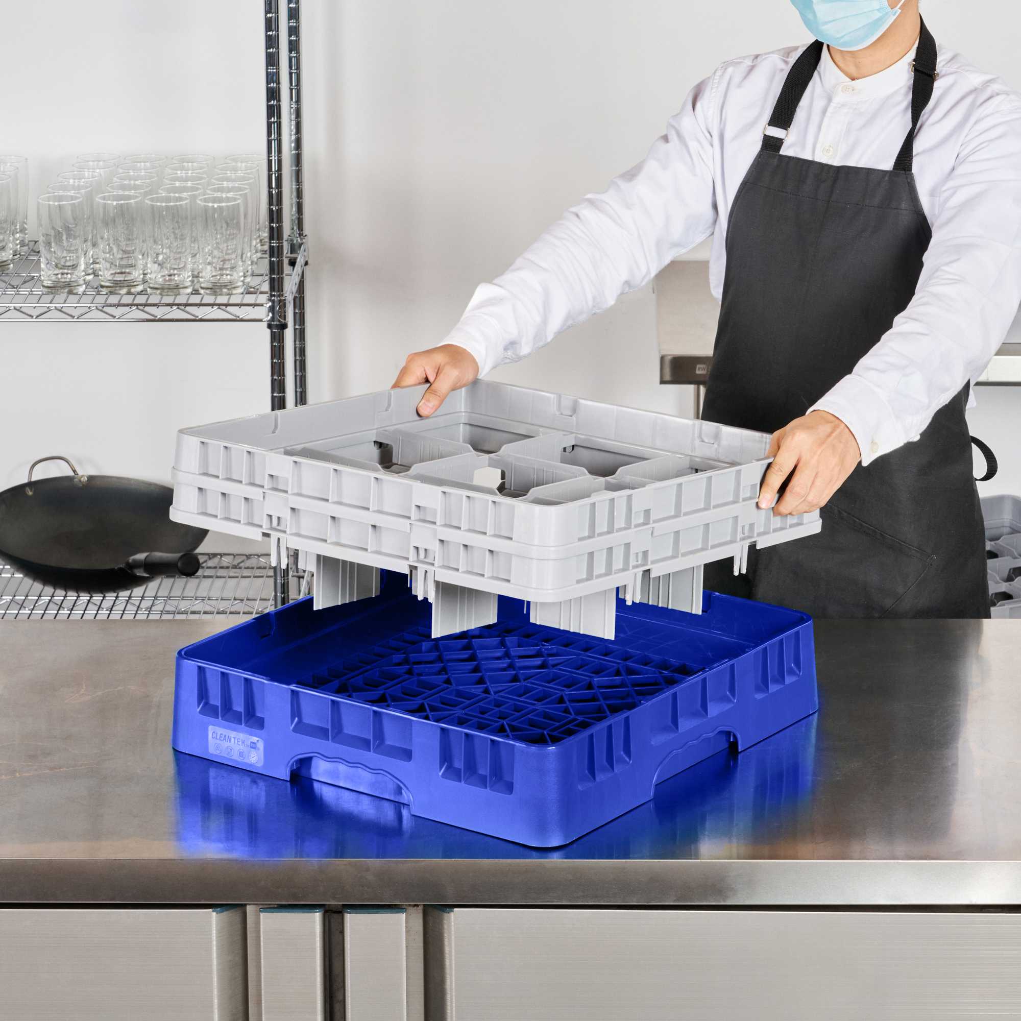 Clean Tek Professional Blue Glass Rack - 9 Compartments, 1 Full Drop and 1 Half Drop Extender - 19 3/4" x 19 3/4" x 7 1/4" - 1 count box
