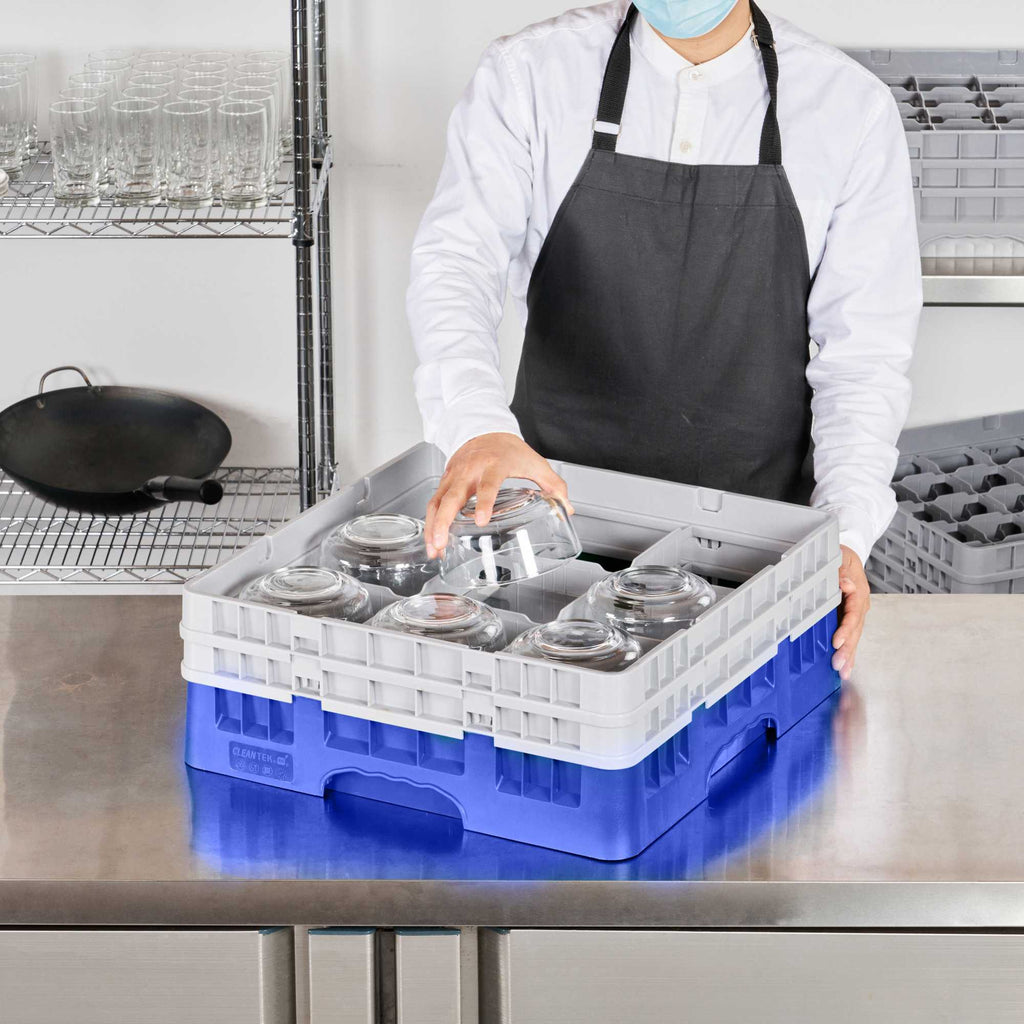 Clean Tek Professional Blue Glass Rack - 9 Compartments, 1 Full Drop and 1 Half Drop Extender - 19 3/4" x 19 3/4" x 7 1/4" - 1 count box