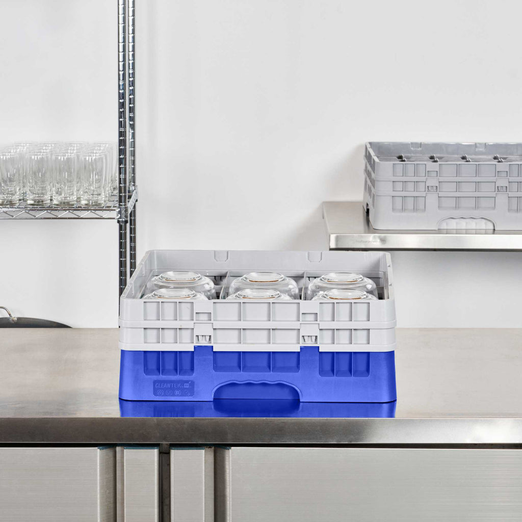 Clean Tek Professional Blue Glass Rack - 9 Compartments, 1 Full Drop and 1 Half Drop Extender - 19 3/4" x 19 3/4" x 7 1/4" - 1 count box