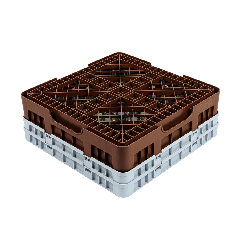 Clean Tek Professional Brown Glass Rack - 9 Compartments, 1 Full Drop and 1 Half Drop Extender - 19 3/4" x 19 3/4" x 7 1/4" - 1 count box