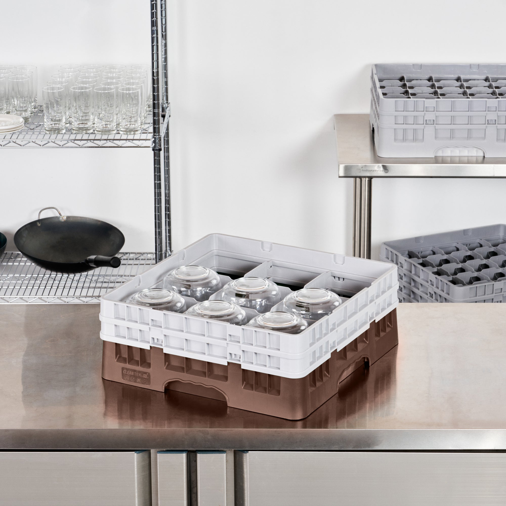 Clean Tek Professional Brown Glass Rack - 9 Compartments, 1 Full Drop and 1 Half Drop Extender - 19 3/4" x 19 3/4" x 7 1/4" - 1 count box