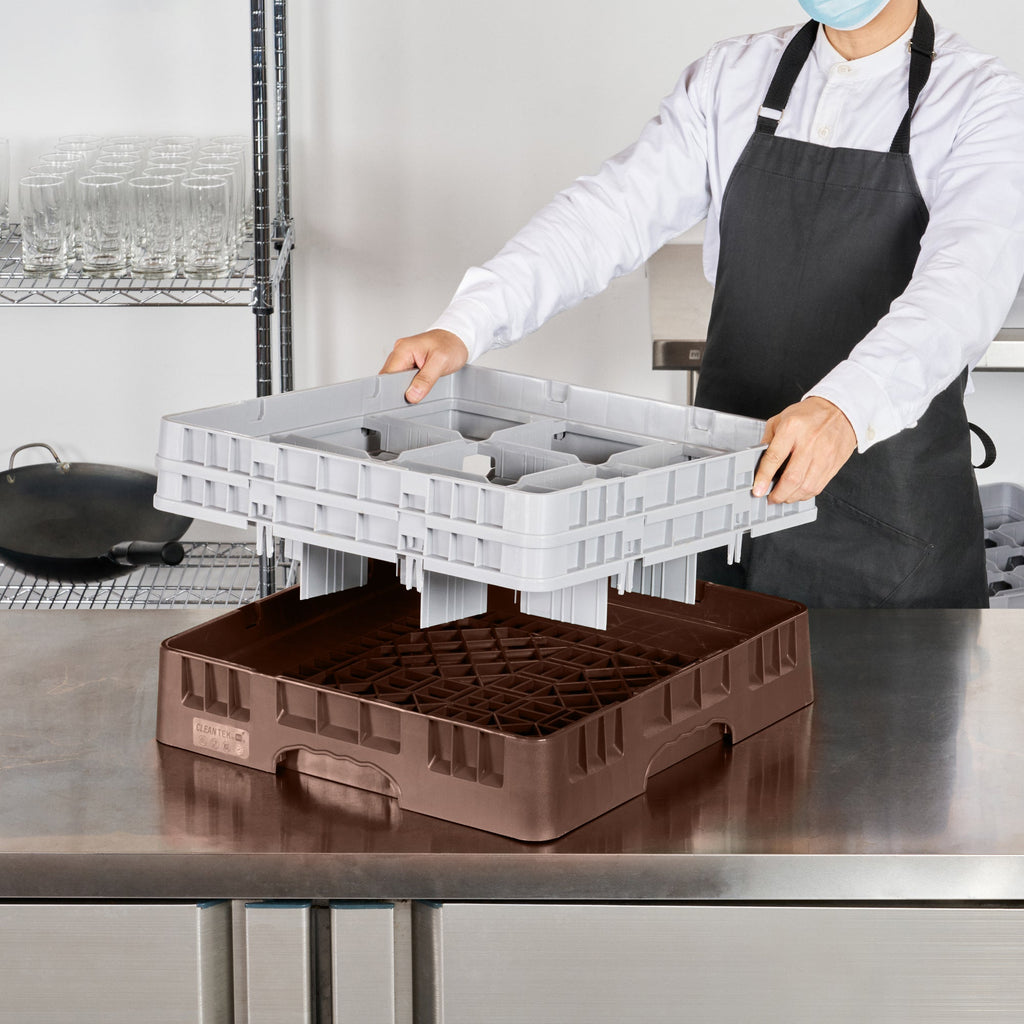 Clean Tek Professional Brown Glass Rack - 9 Compartments, 1 Full Drop and 1 Half Drop Extender - 19 3/4" x 19 3/4" x 7 1/4" - 1 count box