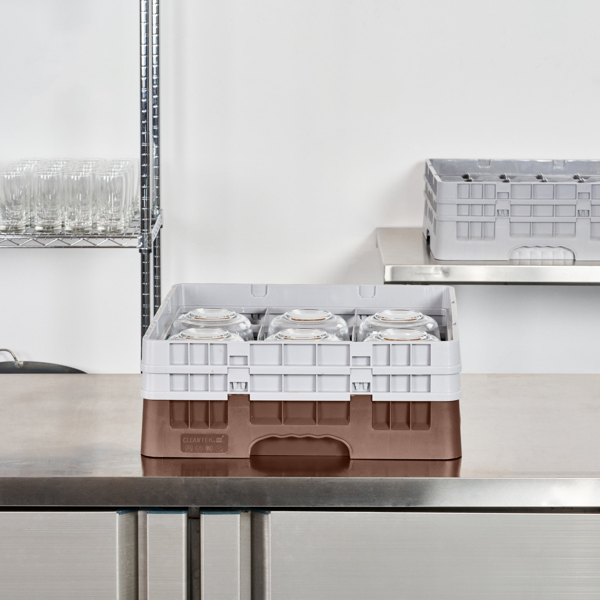 Clean Tek Professional Brown Glass Rack - 9 Compartments, 1 Full Drop and 1 Half Drop Extender - 19 3/4" x 19 3/4" x 7 1/4" - 1 count box