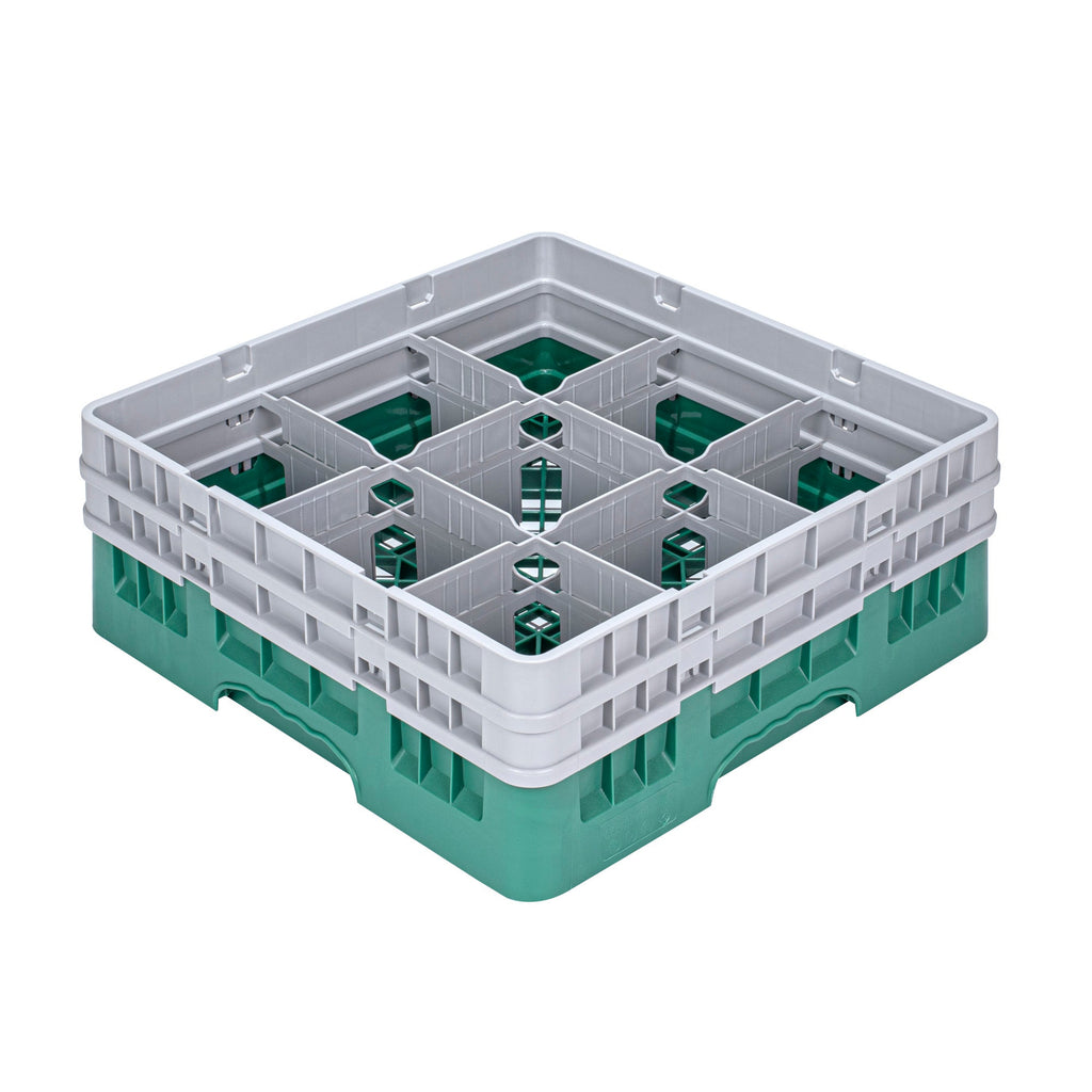Clean Tek Professional Green Glass Rack - 9 Compartments, 1 Full Drop and 1 Half Drop Extender - 19 3/4" x 19 3/4" x 7 1/4" - 1 count box