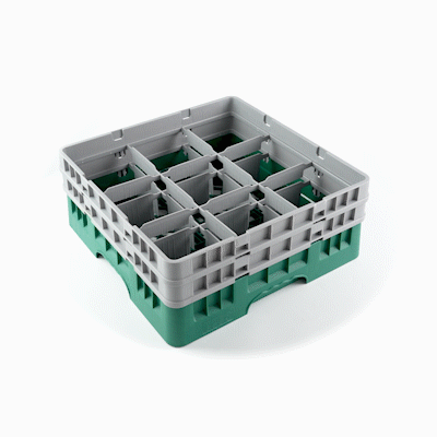 Clean Tek Professional Green Glass Rack - 9 Compartments, 1 Full Drop and 1 Half Drop Extender - 19 3/4" x 19 3/4" x 7 1/4" - 1 count box