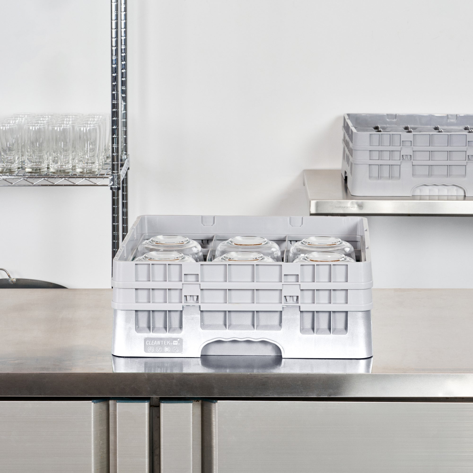 Clean Tek Professional Gray Glass Rack - 9 Compartments, 1 Full Drop and 1 Half Drop Extender - 19 3/4" x 19 3/4" x 7 1/4" - 1 count box