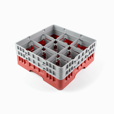 Clean Tek Professional Red Glass Rack - 9 Compartments, 1 Full Drop and 1 Half Drop Extender - 19 3/4" x 19 3/4" x 7 1/4" - 1 count box