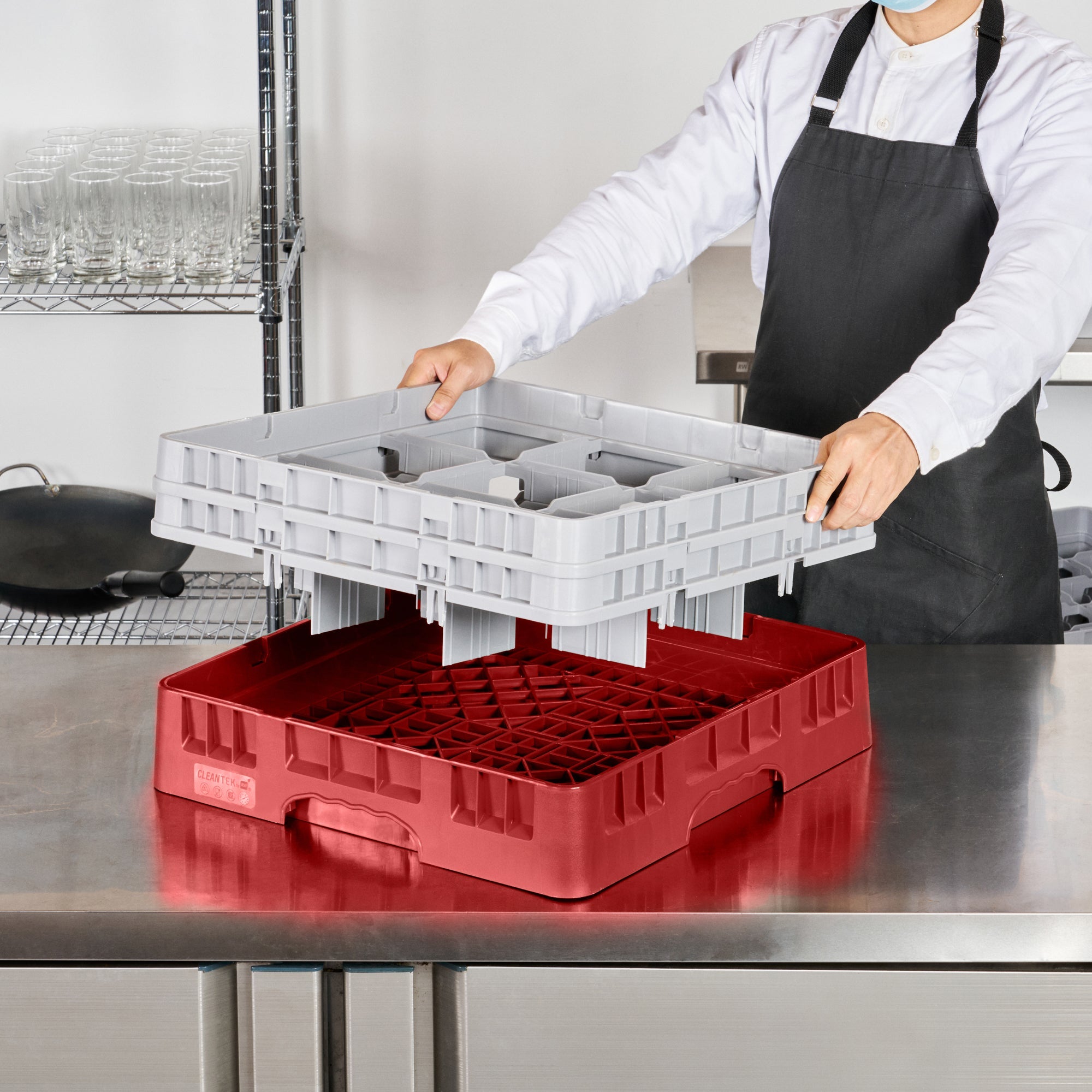 Clean Tek Professional Red Glass Rack - 9 Compartments, 1 Full Drop and 1 Half Drop Extender - 19 3/4" x 19 3/4" x 7 1/4" - 1 count box