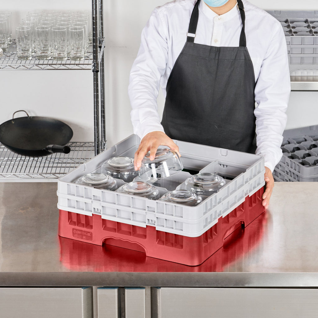 Clean Tek Professional Red Glass Rack - 9 Compartments, 1 Full Drop and 1 Half Drop Extender - 19 3/4" x 19 3/4" x 7 1/4" - 1 count box