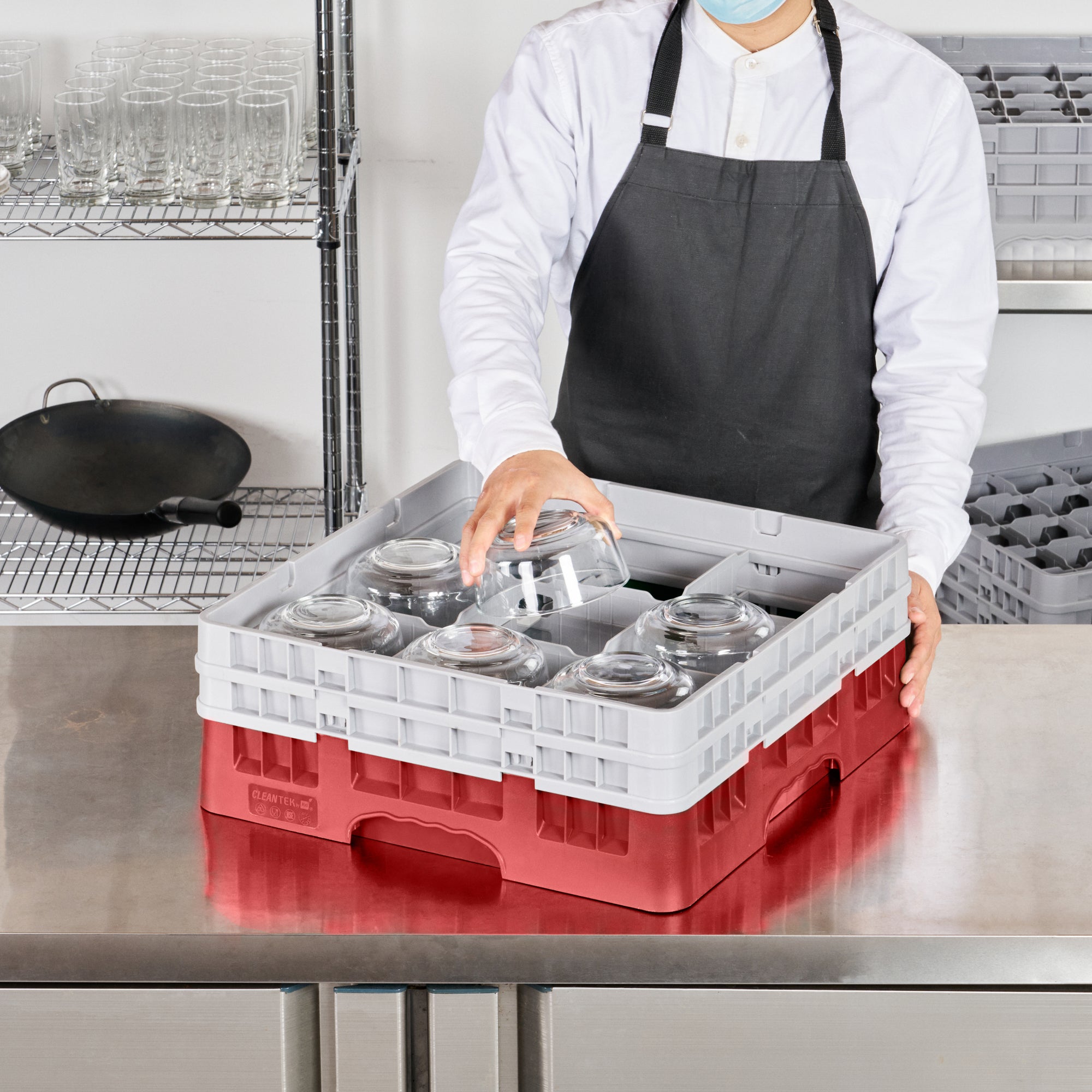 Clean Tek Professional Red Glass Rack - 9 Compartments, 1 Full Drop and 1 Half Drop Extender - 19 3/4" x 19 3/4" x 7 1/4" - 1 count box