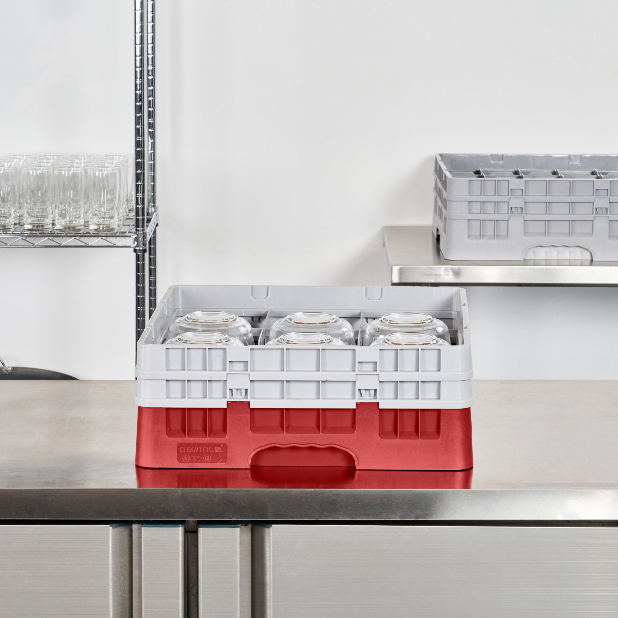 Clean Tek Professional Red Glass Rack - 9 Compartments, 1 Full Drop and 1 Half Drop Extender - 19 3/4" x 19 3/4" x 7 1/4" - 1 count box