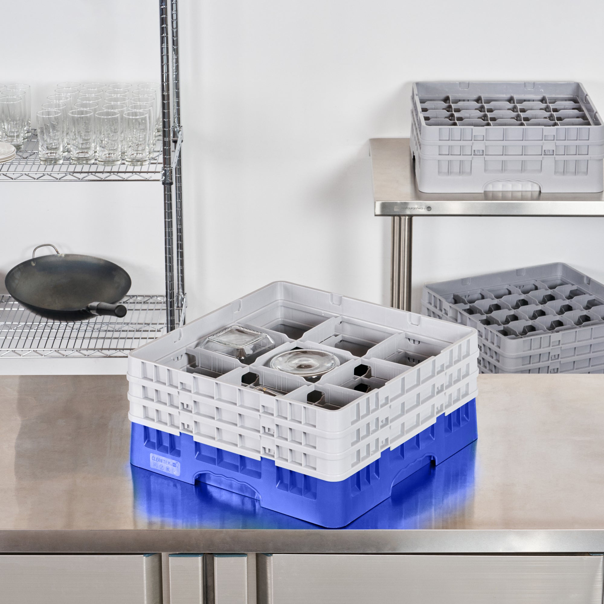 Clean Tek Professional Blue Glass Rack - 9 Compartments, 1 Full Drop and 2 Half Drop Extenders - 19 3/4" x 19 3/4" x 8 3/4" - 1 count box