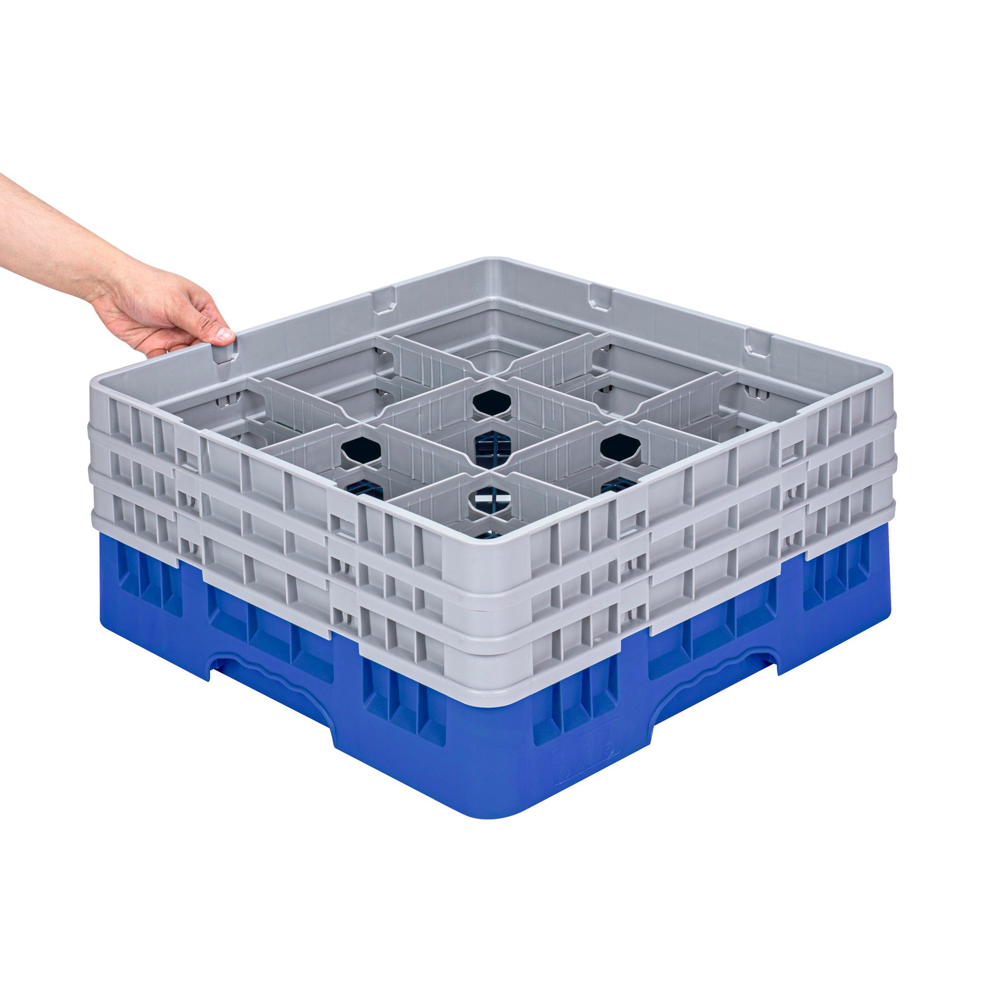 Clean Tek Professional Blue Glass Rack - 9 Compartments, 1 Full Drop and 2 Half Drop Extenders - 19 3/4" x 19 3/4" x 8 3/4" - 1 count box