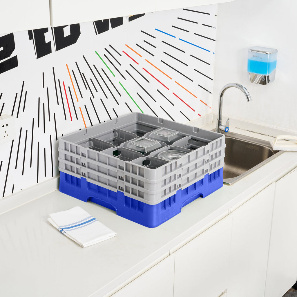 Clean Tek Professional Blue Glass Rack - 9 Compartments, 1 Full Drop and 2 Half Drop Extenders - 19 3/4" x 19 3/4" x 8 3/4" - 1 count box