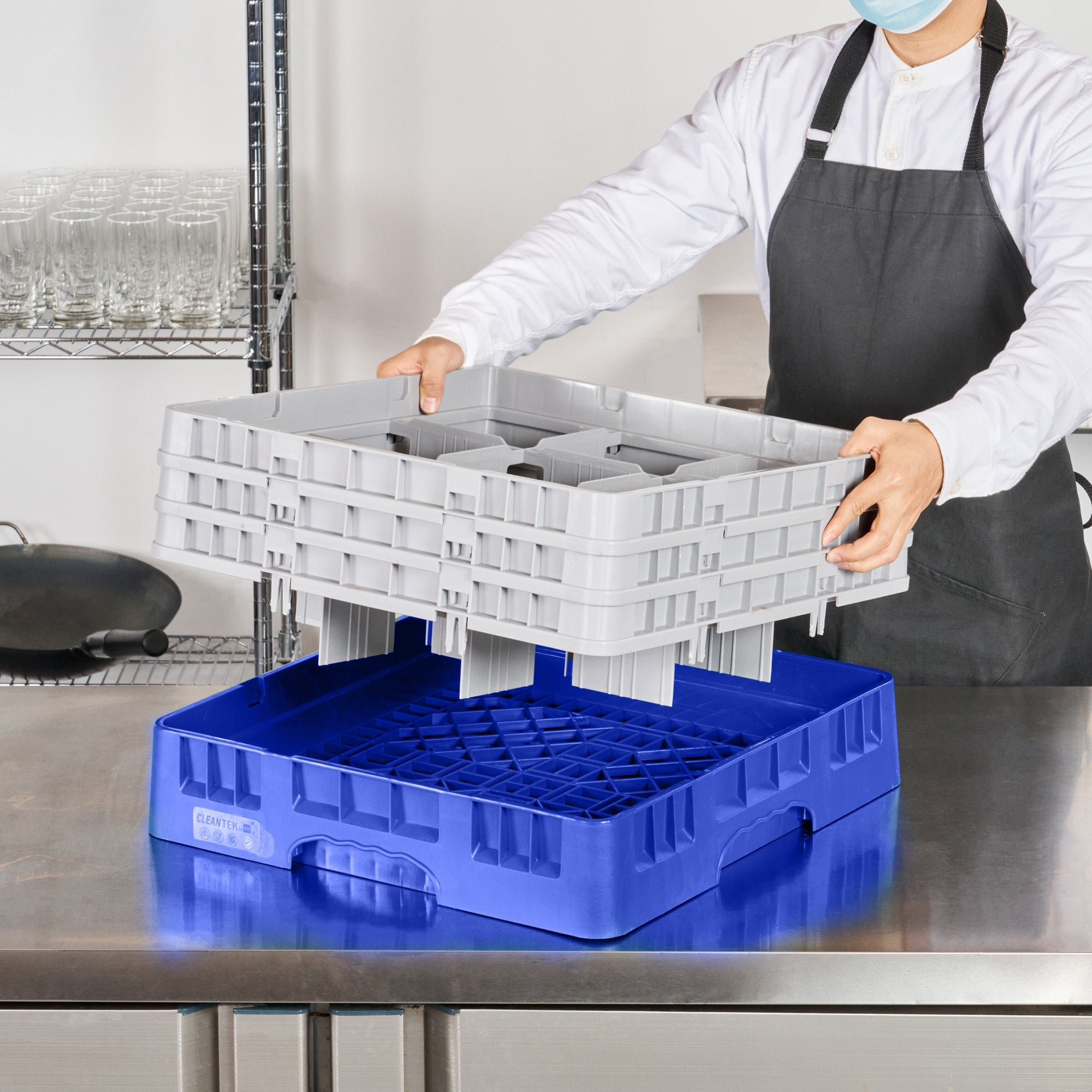 Clean Tek Professional Blue Glass Rack - 9 Compartments, 1 Full Drop and 2 Half Drop Extenders - 19 3/4" x 19 3/4" x 8 3/4" - 1 count box
