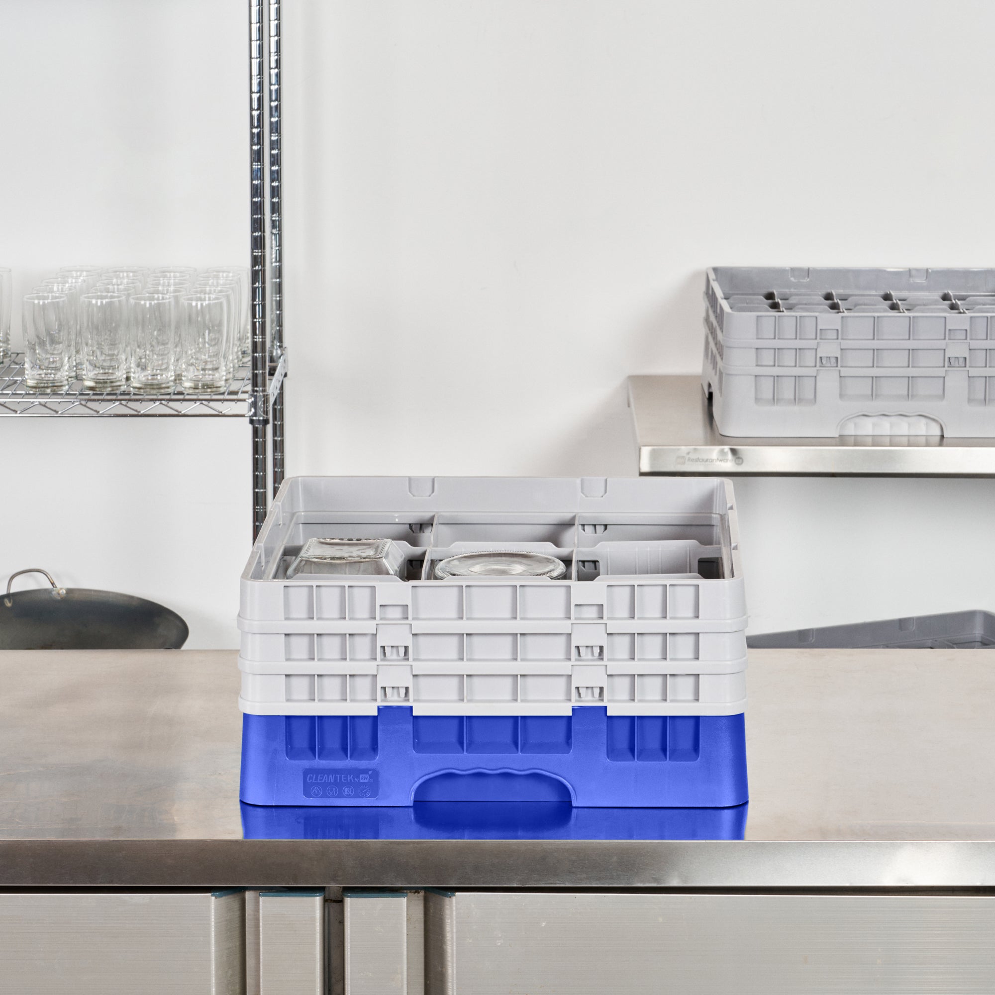 Clean Tek Professional Blue Glass Rack - 9 Compartments, 1 Full Drop and 2 Half Drop Extenders - 19 3/4" x 19 3/4" x 8 3/4" - 1 count box