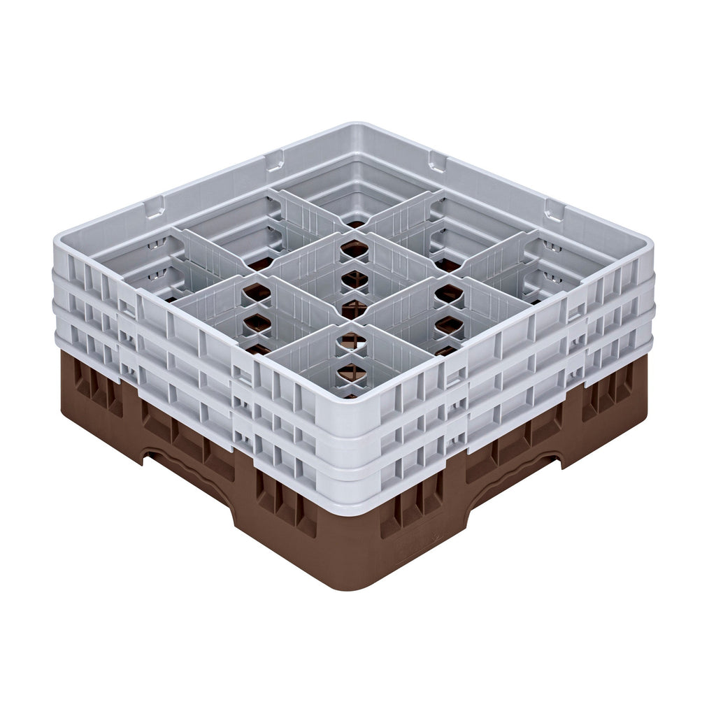 Clean Tek Professional Brown Glass Rack - 9 Compartments, 1 Full Drop and 2 Half Drop Extenders - 19 3/4" x 19 3/4" x 8 3/4" - 1 count box