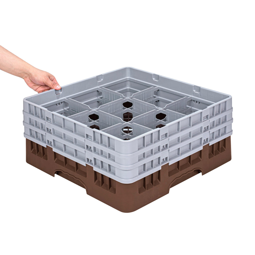 Clean Tek Professional Brown Glass Rack - 9 Compartments, 1 Full Drop and 2 Half Drop Extenders - 19 3/4" x 19 3/4" x 8 3/4" - 1 count box