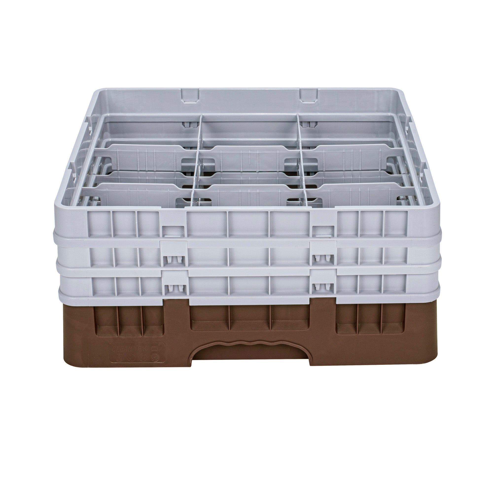 Clean Tek Professional Brown Glass Rack - 9 Compartments, 1 Full Drop and 2 Half Drop Extenders - 19 3/4" x 19 3/4" x 8 3/4" - 1 count box