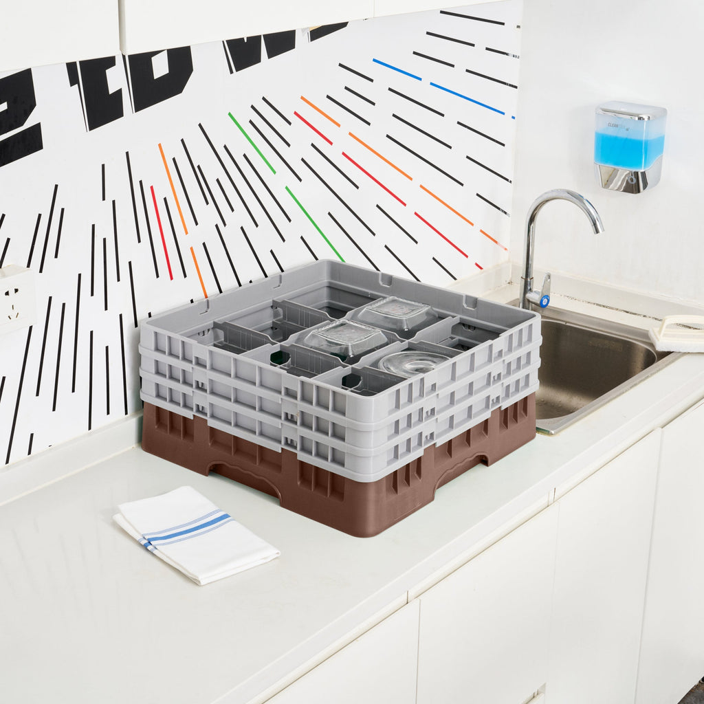 Clean Tek Professional Brown Glass Rack - 9 Compartments, 1 Full Drop and 2 Half Drop Extenders - 19 3/4" x 19 3/4" x 8 3/4" - 1 count box