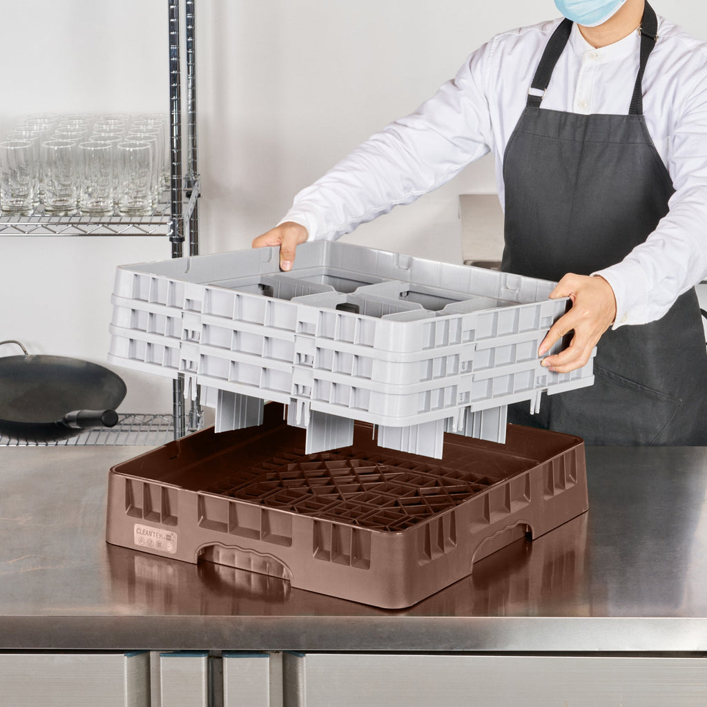 Clean Tek Professional Brown Glass Rack - 9 Compartments, 1 Full Drop and 2 Half Drop Extenders - 19 3/4" x 19 3/4" x 8 3/4" - 1 count box