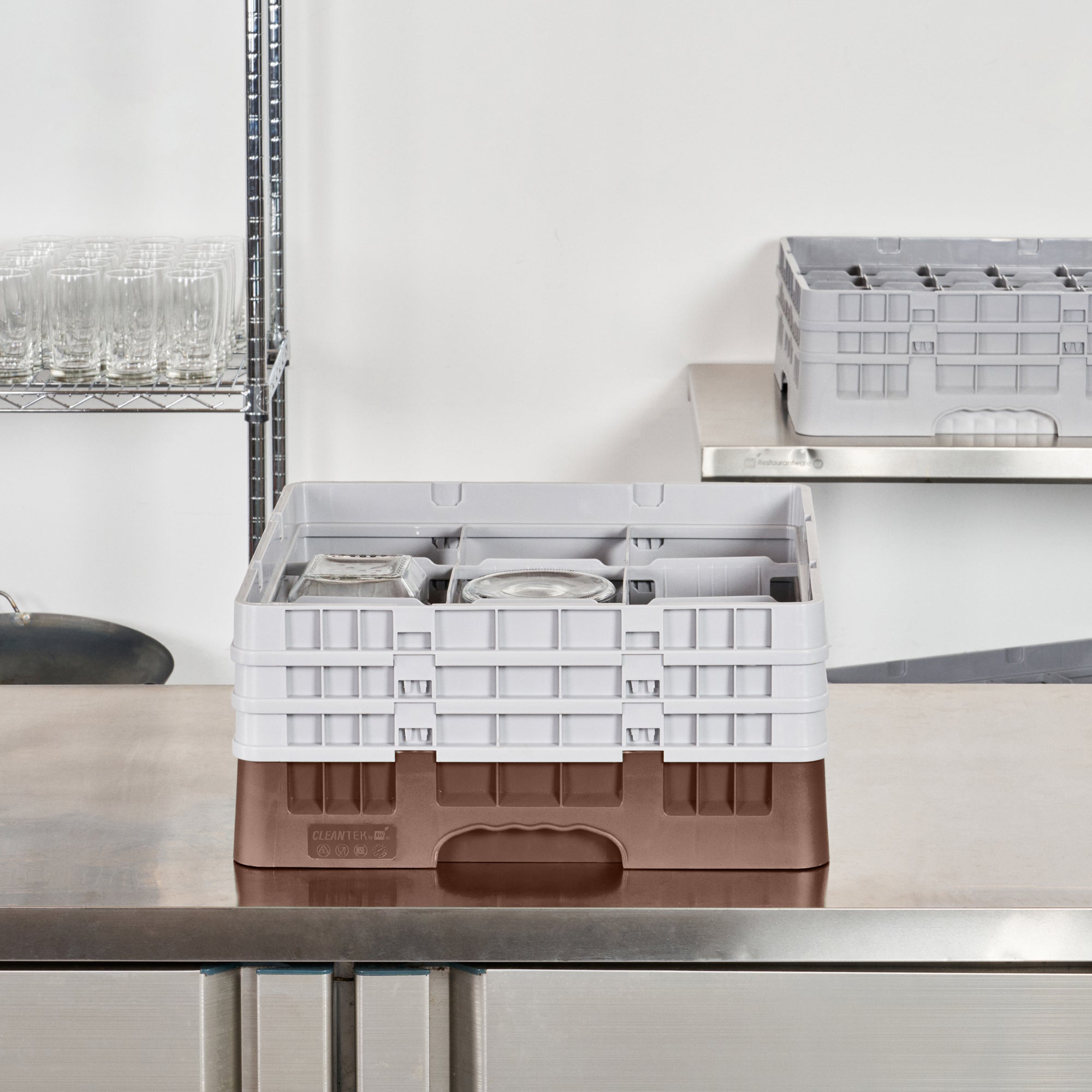 Clean Tek Professional Brown Glass Rack - 9 Compartments, 1 Full Drop and 2 Half Drop Extenders - 19 3/4" x 19 3/4" x 8 3/4" - 1 count box