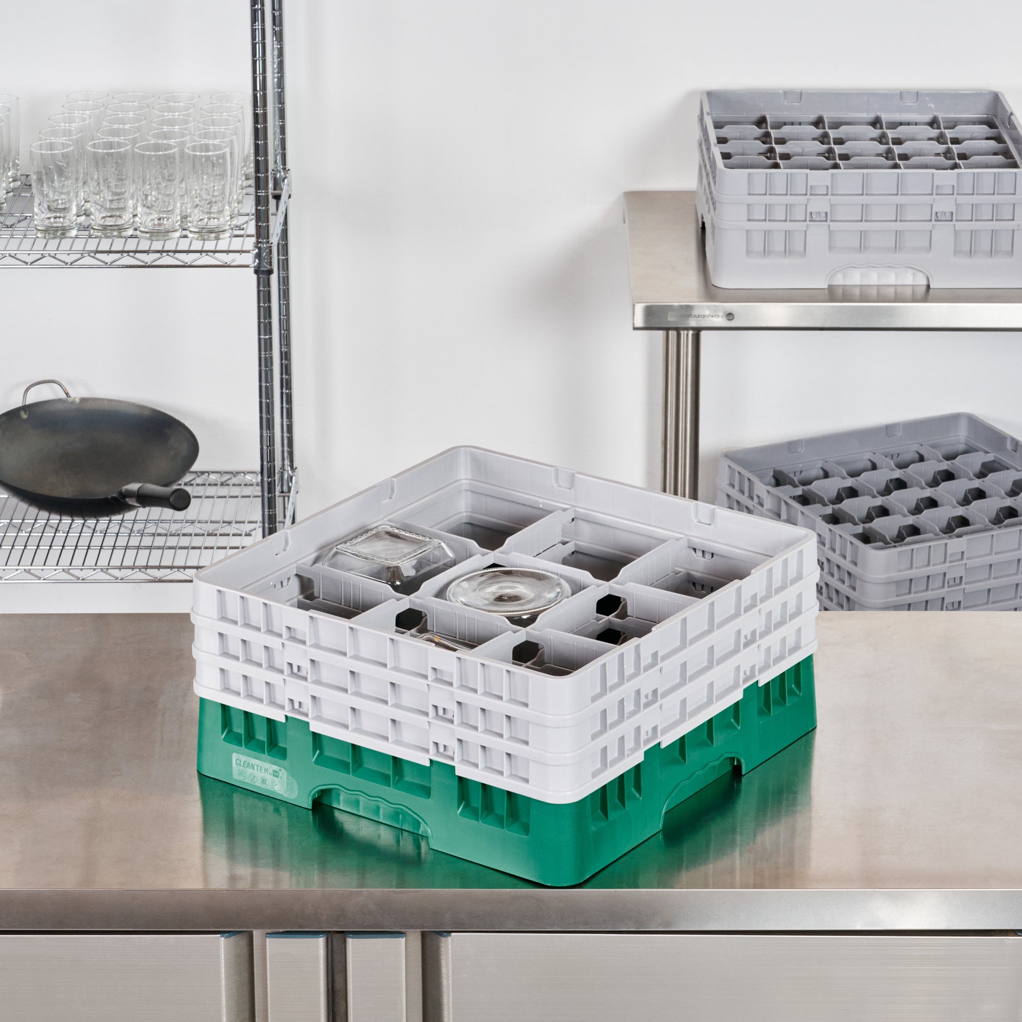 Clean Tek Professional Green Glass Rack - 9 Compartments, 1 Full Drop and 2 Half Drop Extenders - 19 3/4" x 19 3/4" x 8 3/4" - 1 count box