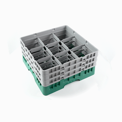 Clean Tek Professional Green Glass Rack - 9 Compartments, 1 Full Drop and 2 Half Drop Extenders - 19 3/4" x 19 3/4" x 8 3/4" - 1 count box
