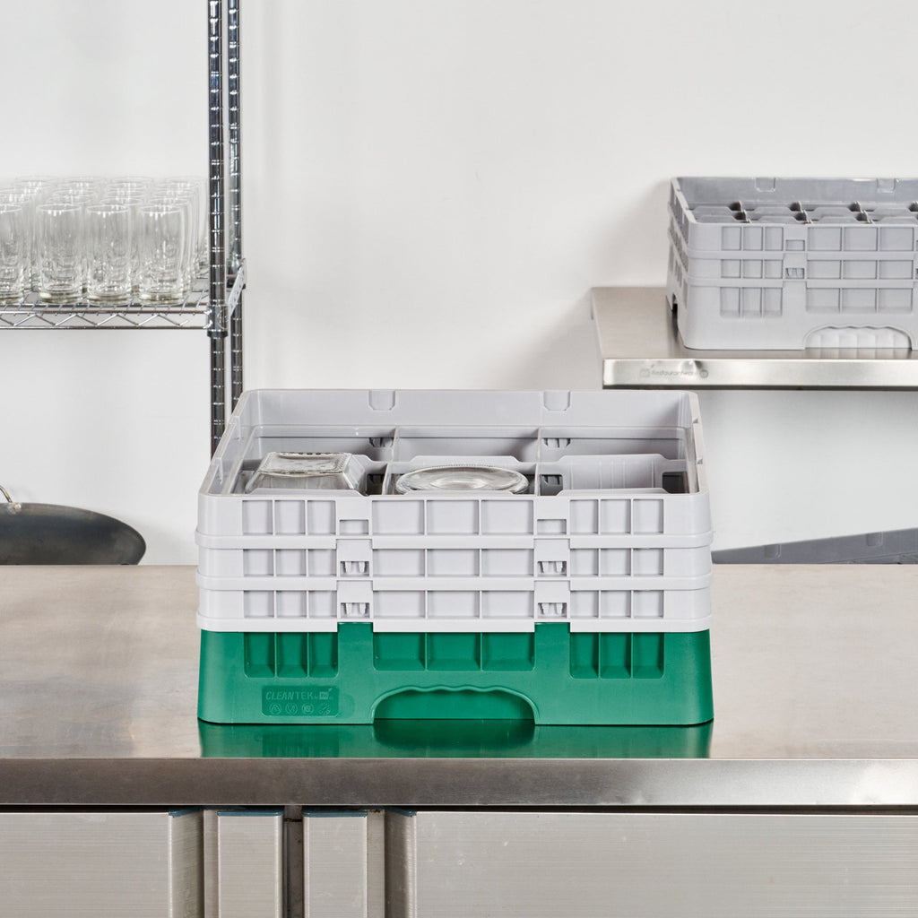 Clean Tek Professional Green Glass Rack - 9 Compartments, 1 Full Drop and 2 Half Drop Extenders - 19 3/4" x 19 3/4" x 8 3/4" - 1 count box