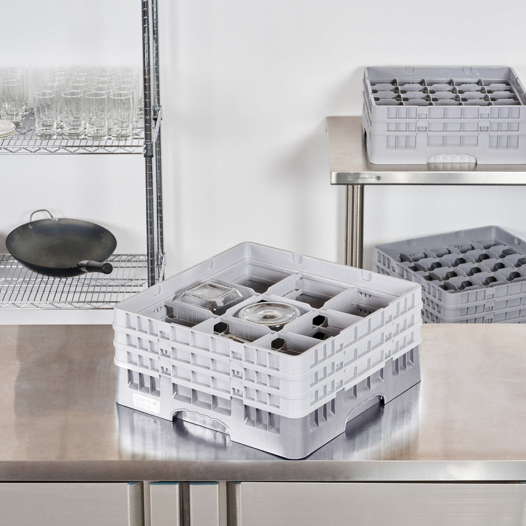 Clean Tek Professional Gray Glass Rack - 9 Compartments, 1 Full Drop and 2 Half Drop Extenders - 19 3/4" x 19 3/4" x 8 3/4" - 1 count box