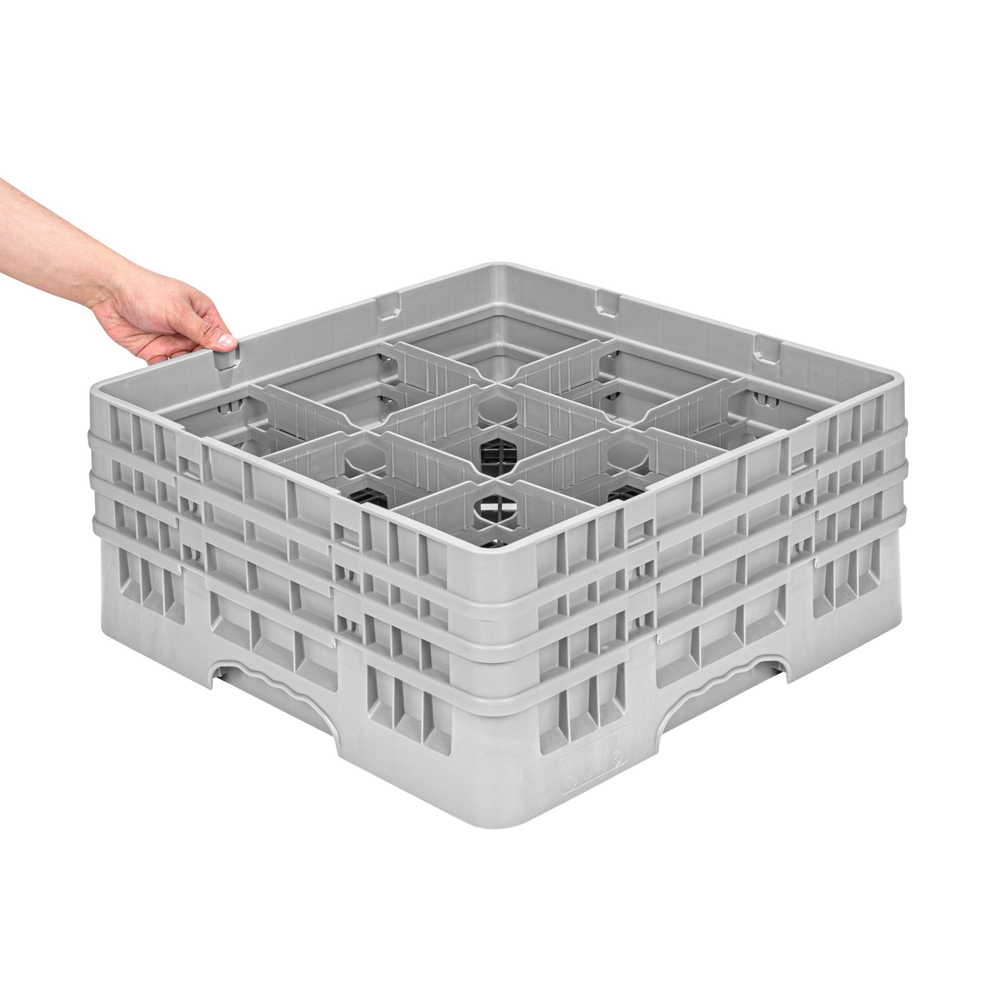 Clean Tek Professional Gray Glass Rack - 9 Compartments, 1 Full Drop and 2 Half Drop Extenders - 19 3/4" x 19 3/4" x 8 3/4" - 1 count box