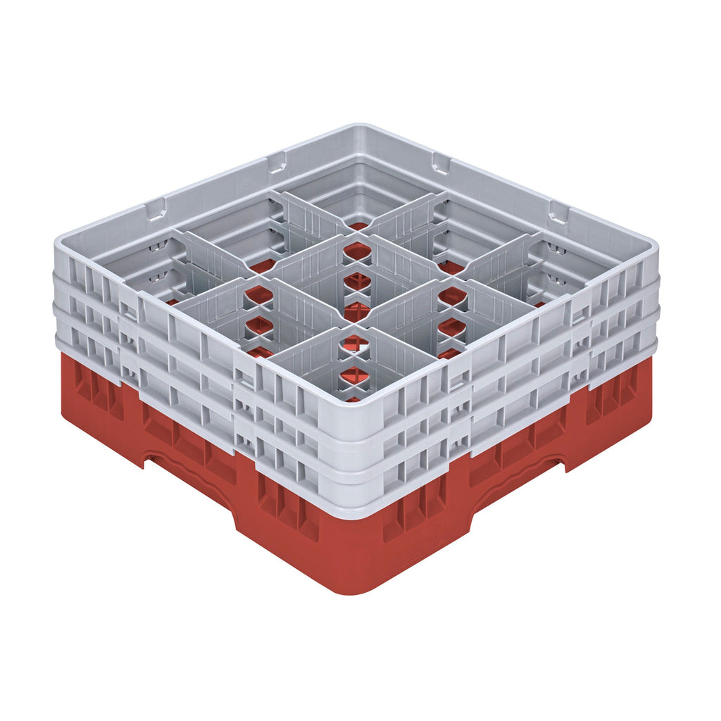 Clean Tek Professional Red Glass Rack - 9 Compartments, 1 Full Drop and 2 Half Drop Extenders - 19 3/4" x 19 3/4" x 8 3/4" - 1 count box