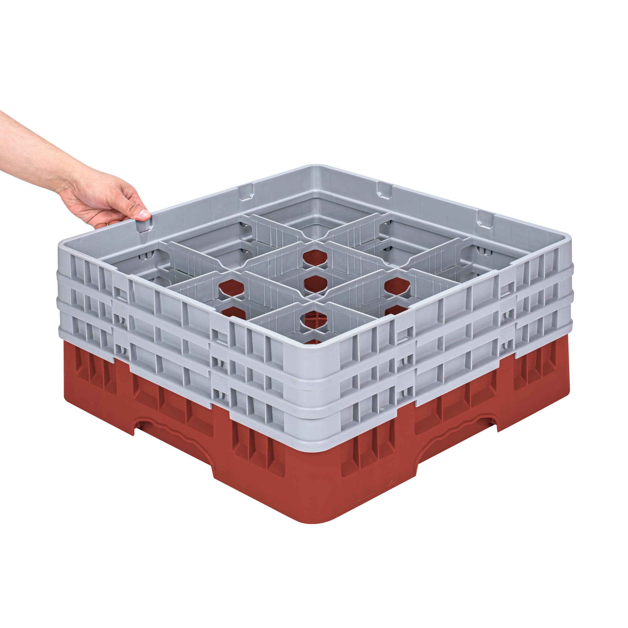 Clean Tek Professional Red Glass Rack - 9 Compartments, 1 Full Drop and 2 Half Drop Extenders - 19 3/4" x 19 3/4" x 8 3/4" - 1 count box