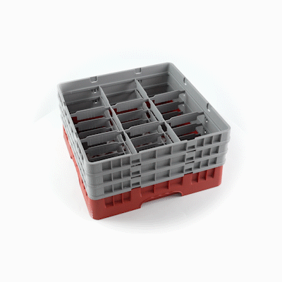 Clean Tek Professional Red Glass Rack - 9 Compartments, 1 Full Drop and 2 Half Drop Extenders - 19 3/4" x 19 3/4" x 8 3/4" - 1 count box
