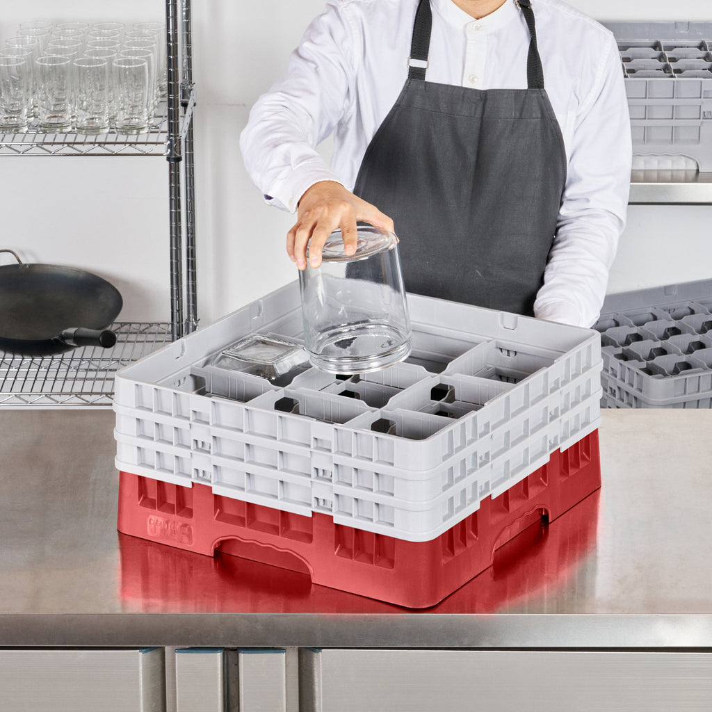 Clean Tek Professional Red Glass Rack - 9 Compartments, 1 Full Drop and 2 Half Drop Extenders - 19 3/4" x 19 3/4" x 8 3/4" - 1 count box
