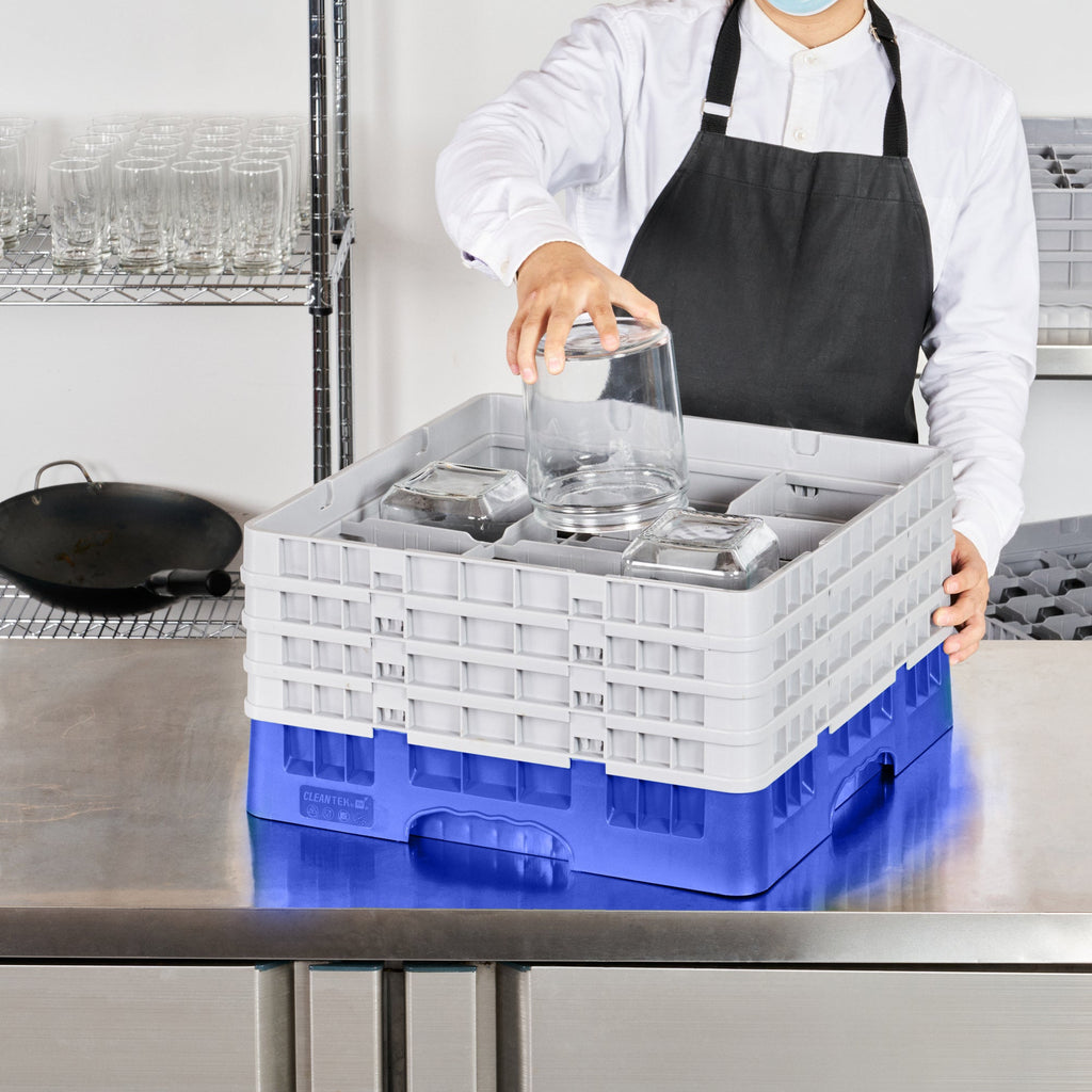 Clean Tek Professional Blue Glass Rack - 9 Compartments, 1 Full Drop and 3 Half Drop Extenders - 19 3/4" x 19 3/4" x 10 1/2" - 1 count box
