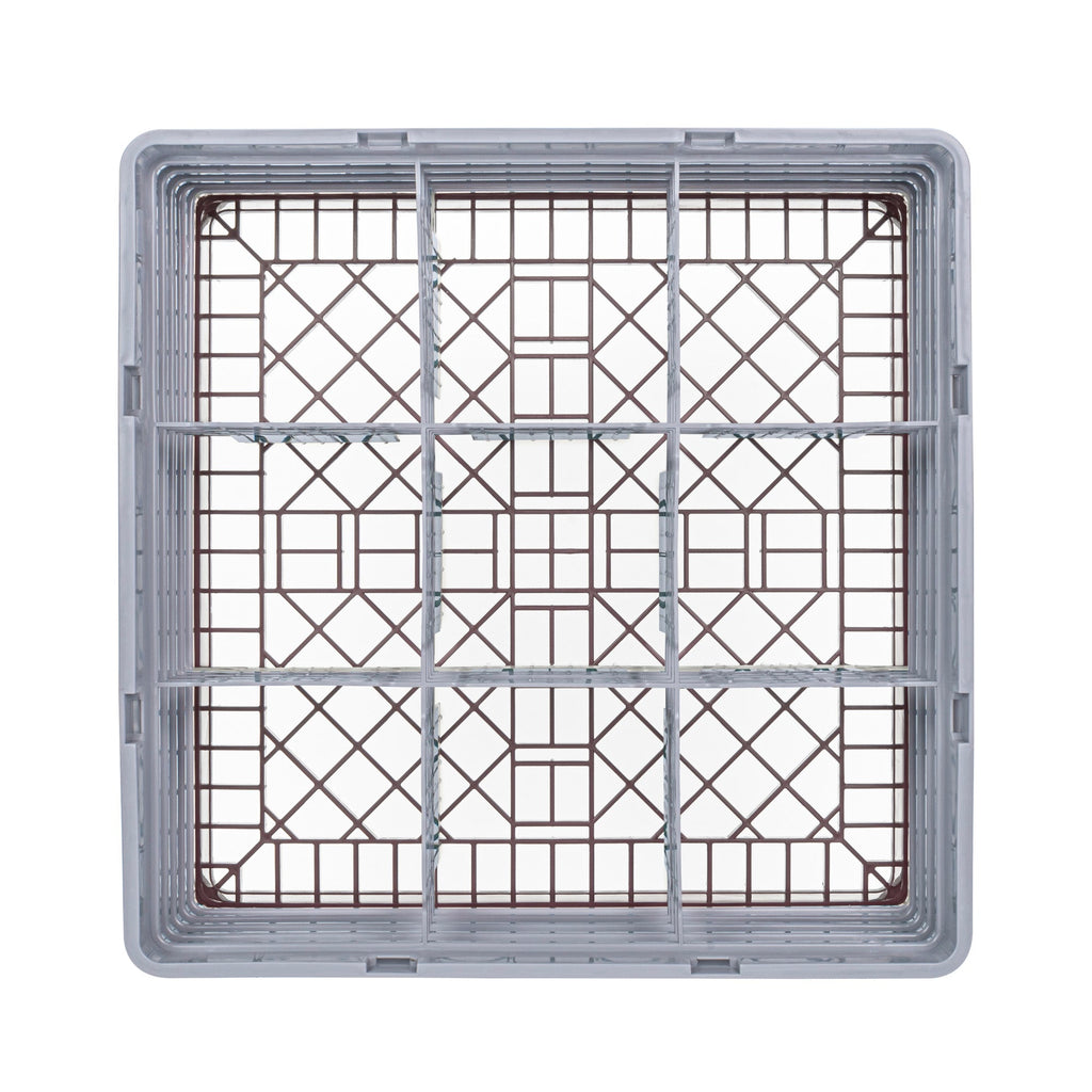 Clean Tek Professional Brown Glass Rack - 9 Compartments, 1 Full Drop and 3 Half Drop Extenders - 19 3/4" x 19 3/4" x 10 1/2" - 1 count box