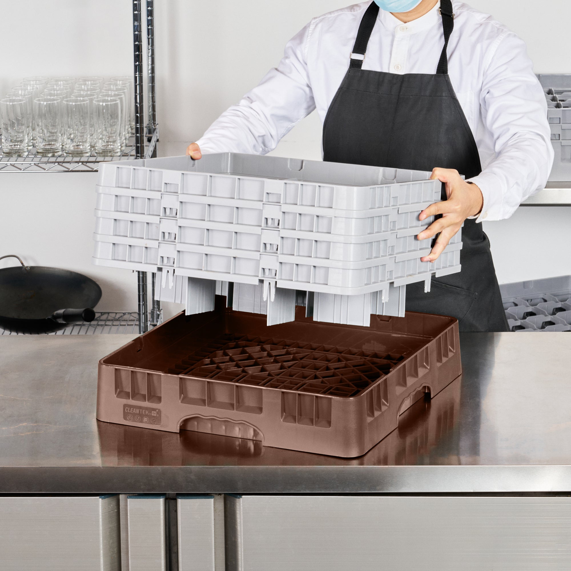 Clean Tek Professional Brown Glass Rack - 9 Compartments, 1 Full Drop and 3 Half Drop Extenders - 19 3/4" x 19 3/4" x 10 1/2" - 1 count box