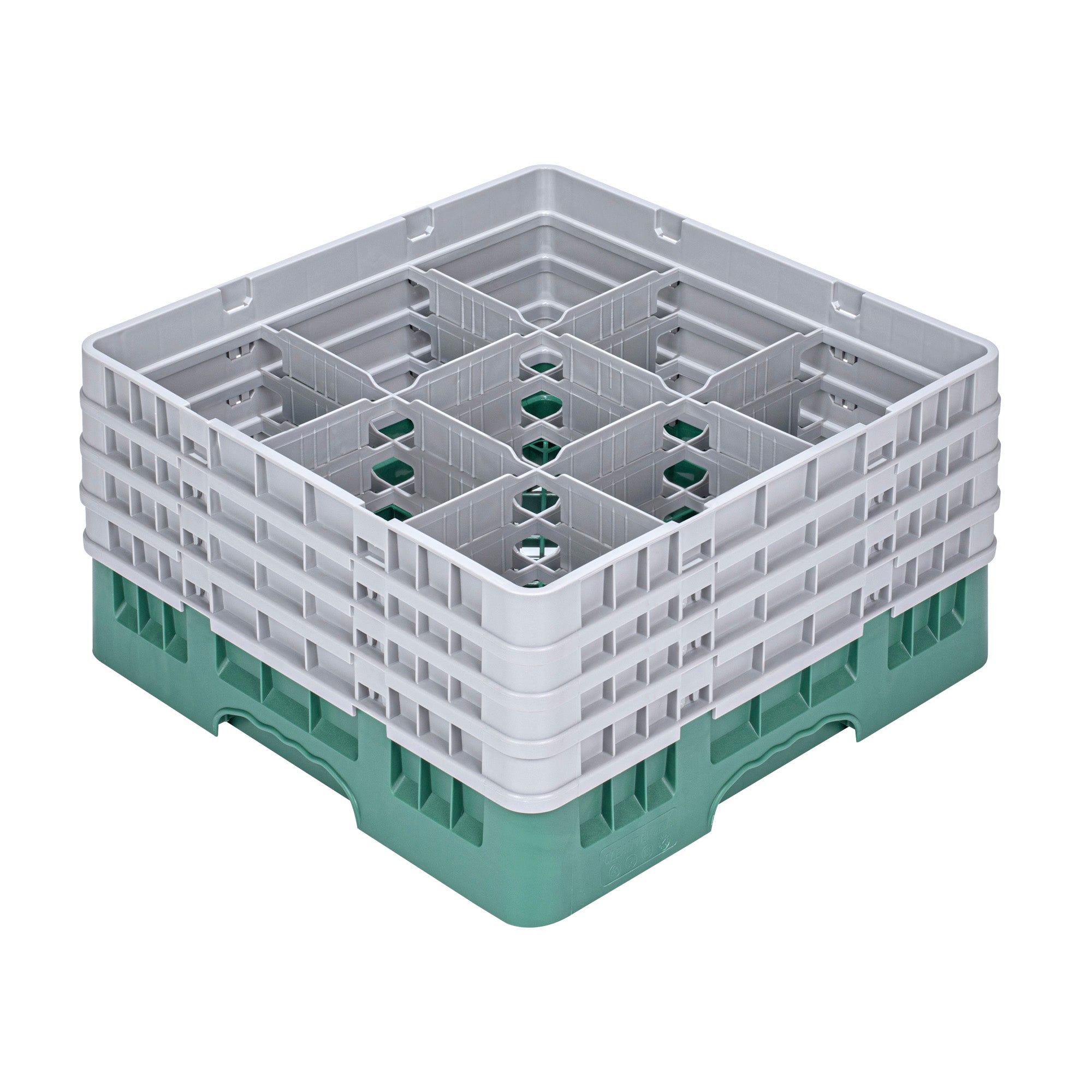 Clean Tek Professional Green Glass Rack - 9 Compartments, 1 Full Drop and 3 Half Drop Extenders - 19 3/4" x 19 3/4" x 10 1/2" - 1 count box
