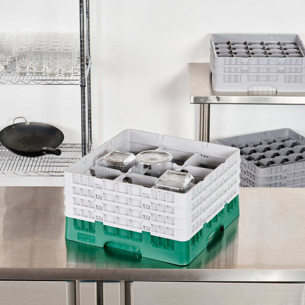 Clean Tek Professional Green Glass Rack - 9 Compartments, 1 Full Drop and 3 Half Drop Extenders - 19 3/4" x 19 3/4" x 10 1/2" - 1 count box