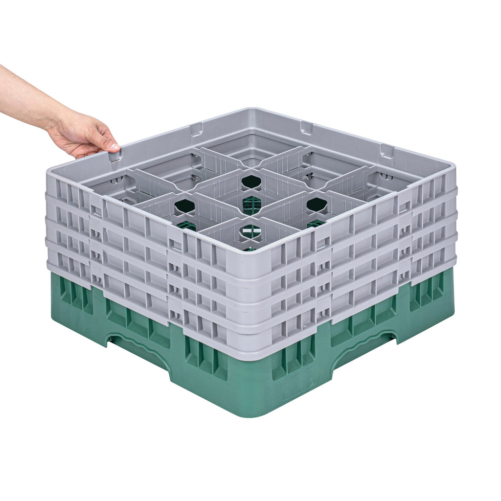 Clean Tek Professional Green Glass Rack - 9 Compartments, 1 Full Drop and 3 Half Drop Extenders - 19 3/4" x 19 3/4" x 10 1/2" - 1 count box