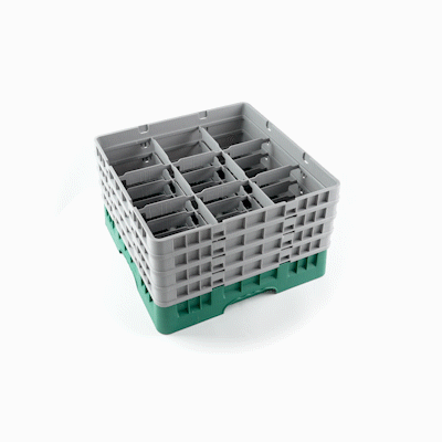 Clean Tek Professional Green Glass Rack - 9 Compartments, 1 Full Drop and 3 Half Drop Extenders - 19 3/4" x 19 3/4" x 10 1/2" - 1 count box