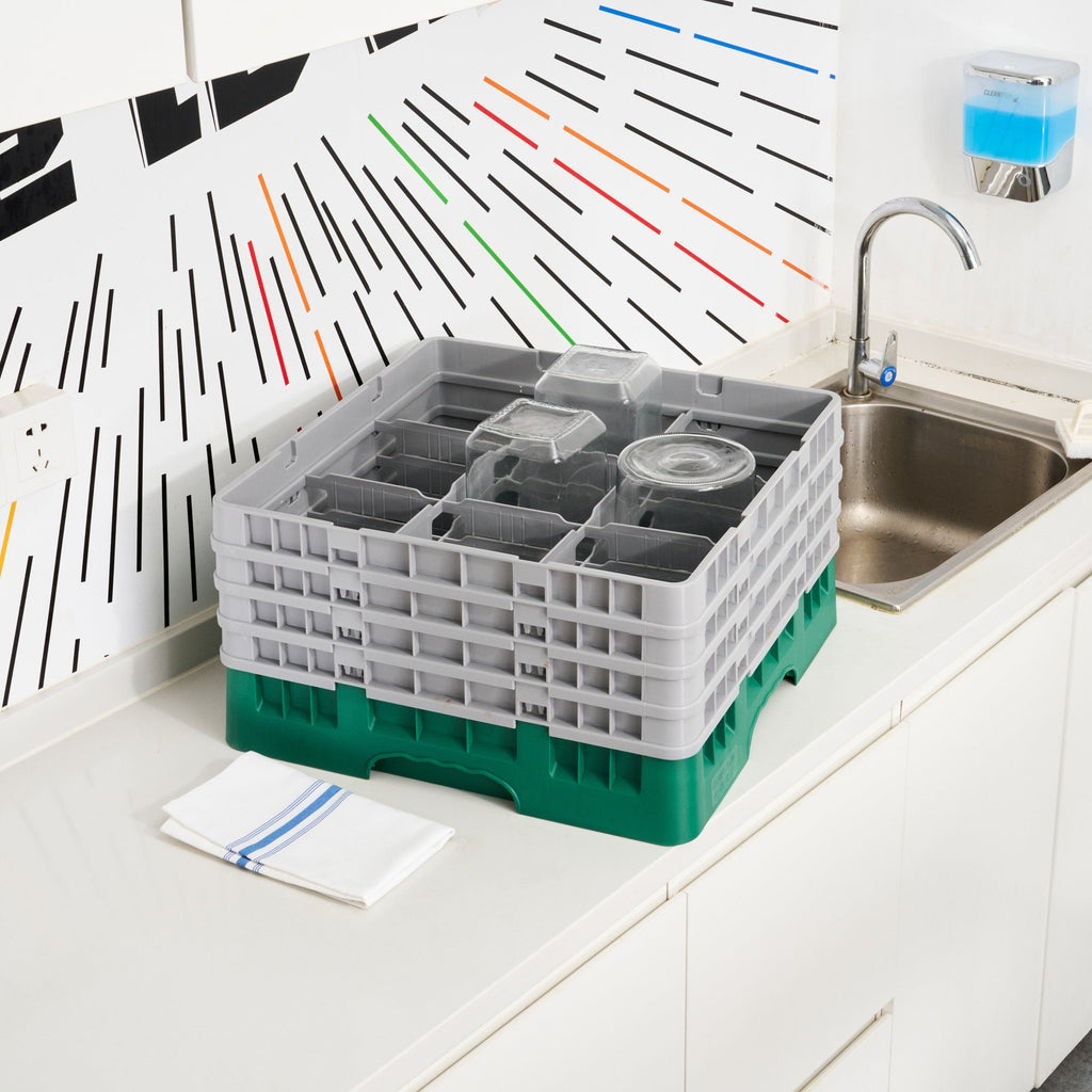 Clean Tek Professional Green Glass Rack - 9 Compartments, 1 Full Drop and 3 Half Drop Extenders - 19 3/4" x 19 3/4" x 10 1/2" - 1 count box