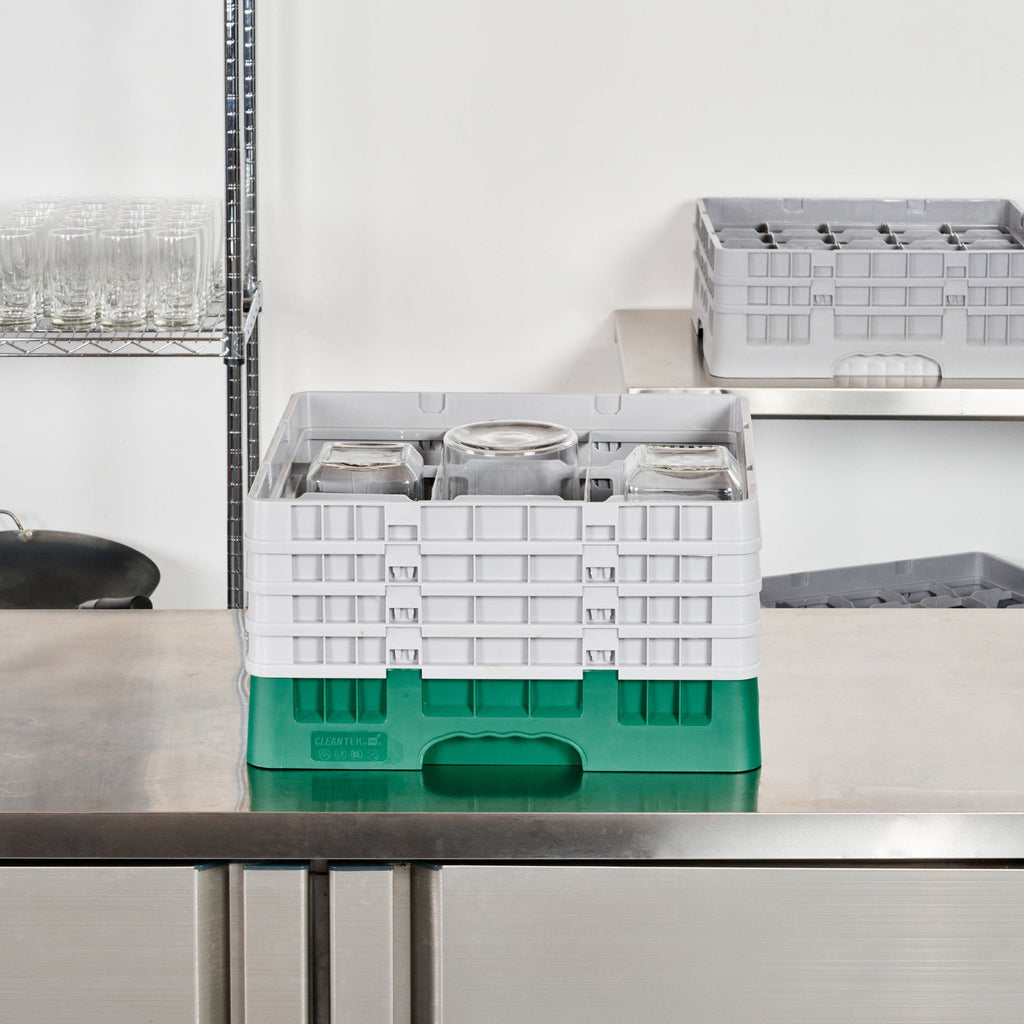 Clean Tek Professional Green Glass Rack - 9 Compartments, 1 Full Drop and 3 Half Drop Extenders - 19 3/4" x 19 3/4" x 10 1/2" - 1 count box