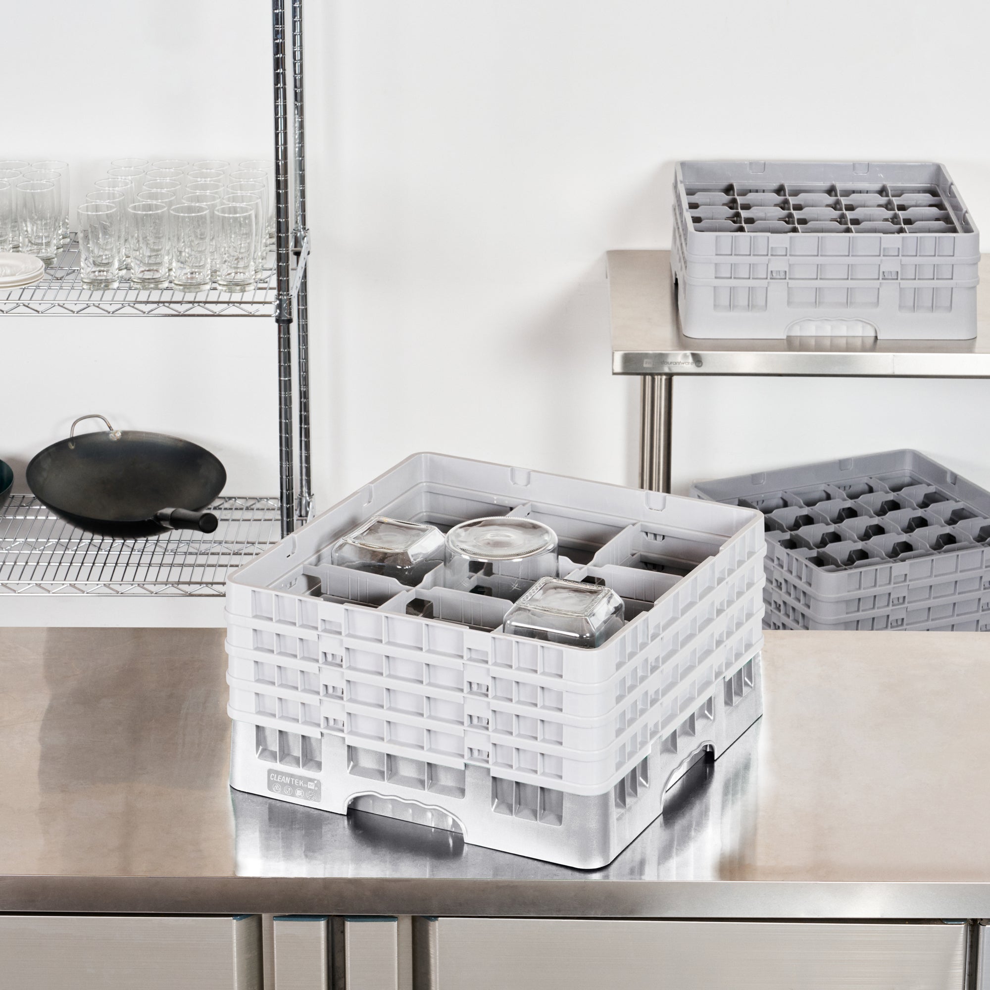 Clean Tek Professional Gray Glass Rack - 9 Compartments, 1 Full Drop and 3 Half Drop Extenders - 19 3/4" x 19 3/4" x 10 1/2" - 1 count box