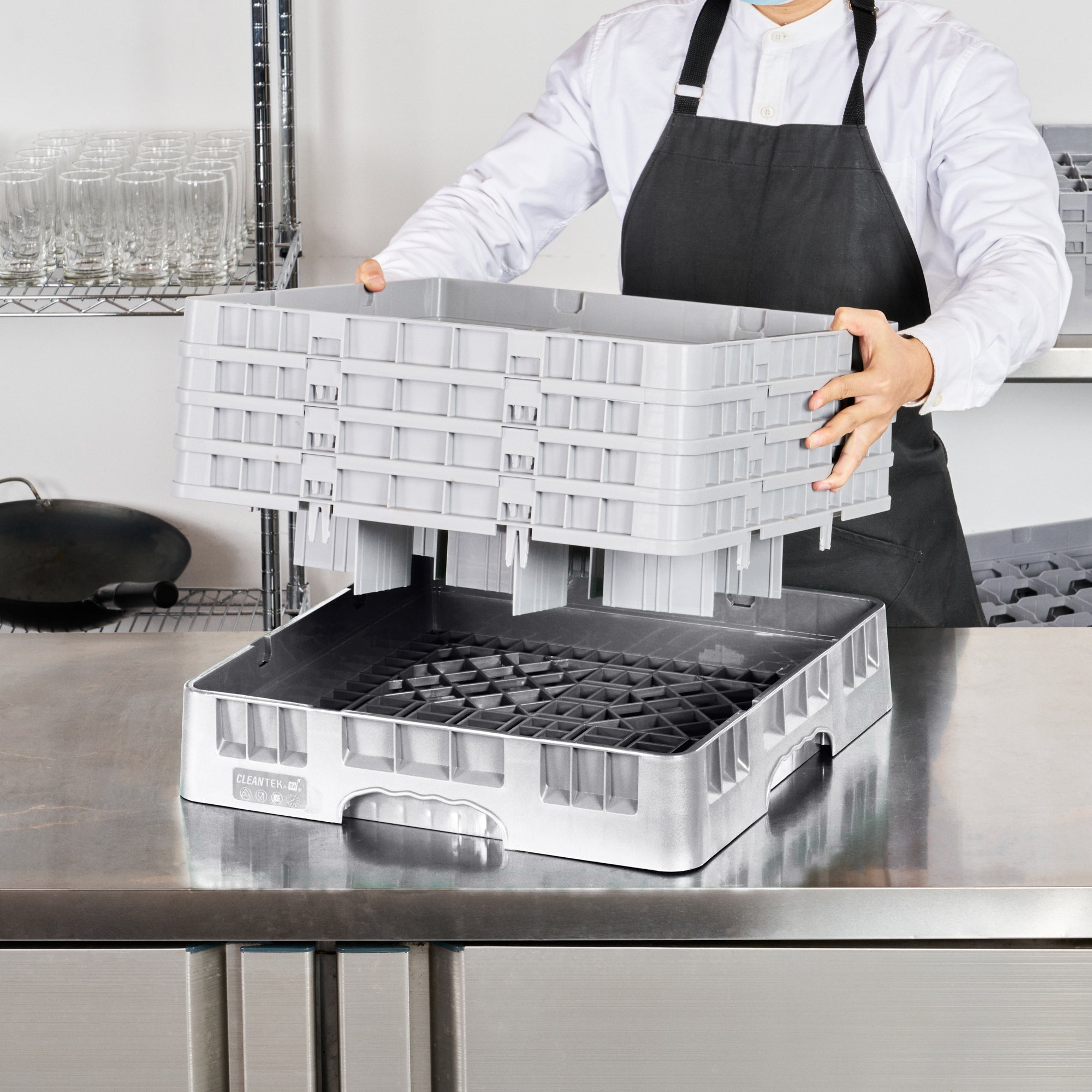 Clean Tek Professional Gray Glass Rack - 9 Compartments, 1 Full Drop and 3 Half Drop Extenders - 19 3/4" x 19 3/4" x 10 1/2" - 1 count box