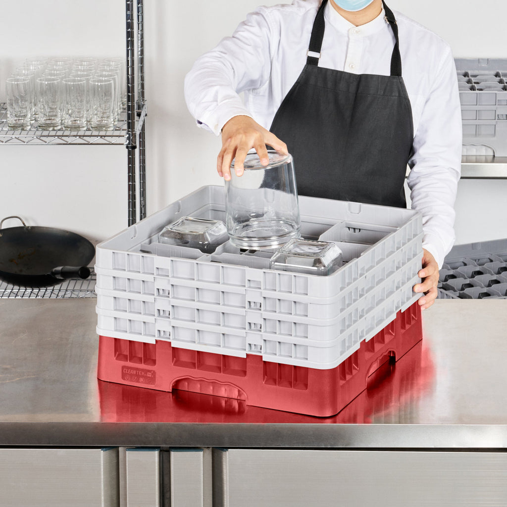 Clean Tek Professional Red Glass Rack - 9 Compartments, 1 Full Drop and 3 Half Drop Extenders - 19 3/4" x 19 3/4" x 10 1/2" - 1 count box