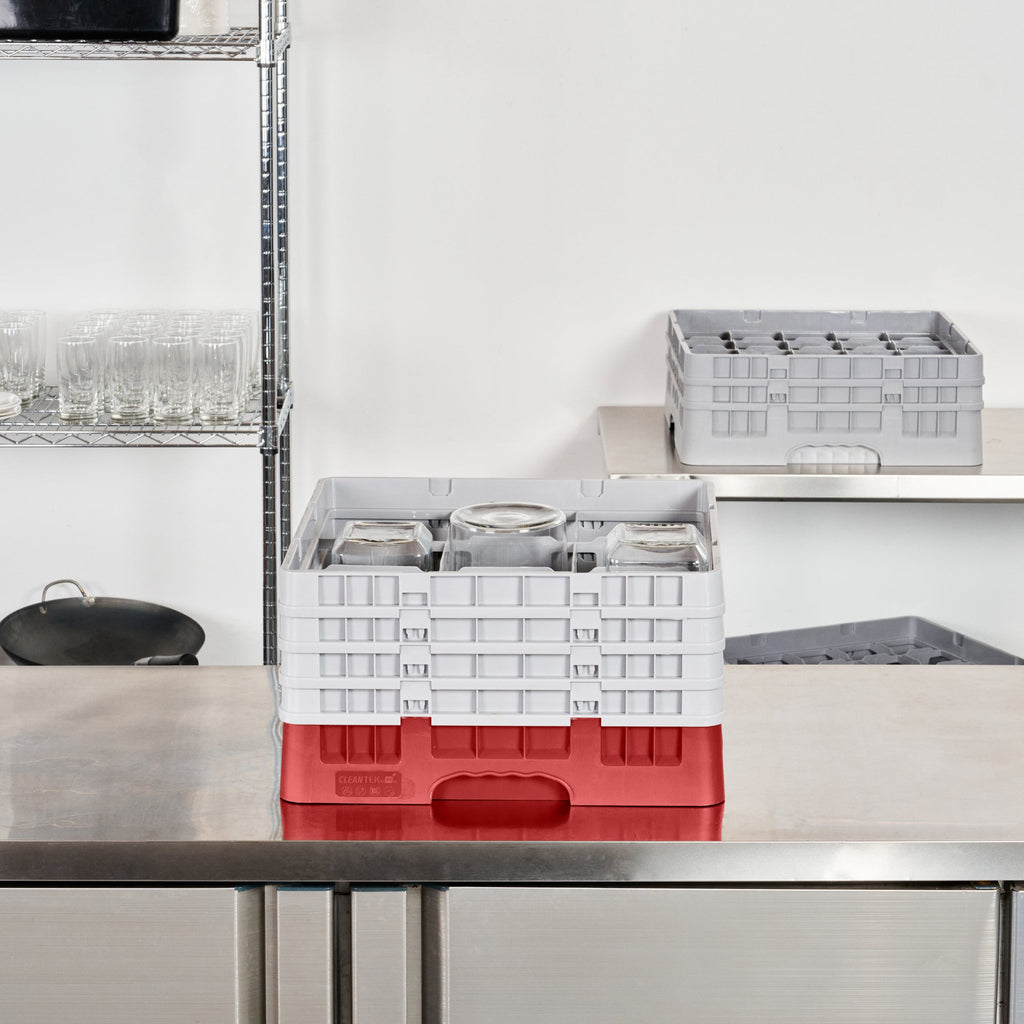 Clean Tek Professional Red Glass Rack - 9 Compartments, 1 Full Drop and 3 Half Drop Extenders - 19 3/4" x 19 3/4" x 10 1/2" - 1 count box