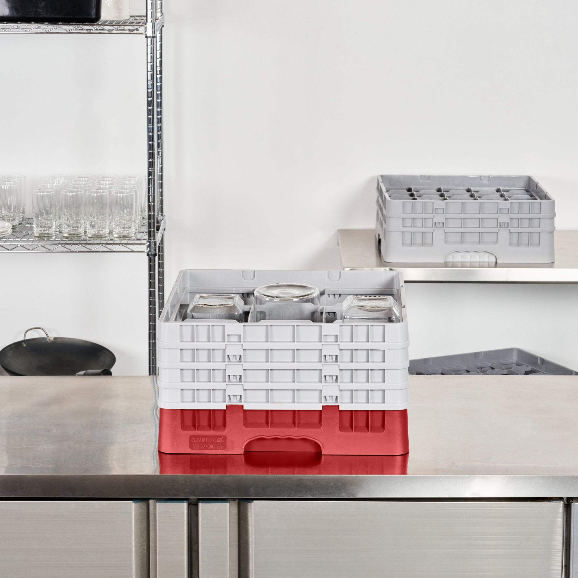 Clean Tek Professional Red Glass Rack - 9 Compartments, 1 Full Drop and 3 Half Drop Extenders - 19 3/4" x 19 3/4" x 10 1/2" - 1 count box