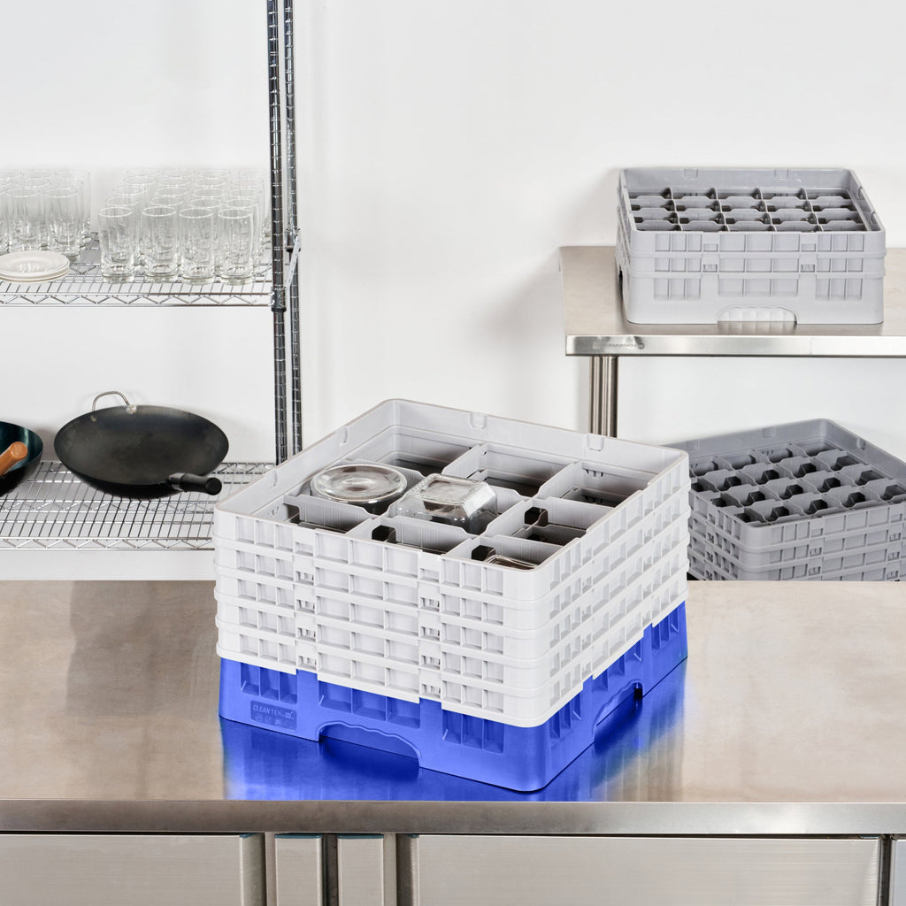 Clean Tek Professional Blue Glass Rack - 9 Compartments, 1 Full Drop and 4 Half Drop Extenders - 19 3/4" x 19 3/4" x 12 1/4" - 1 count box